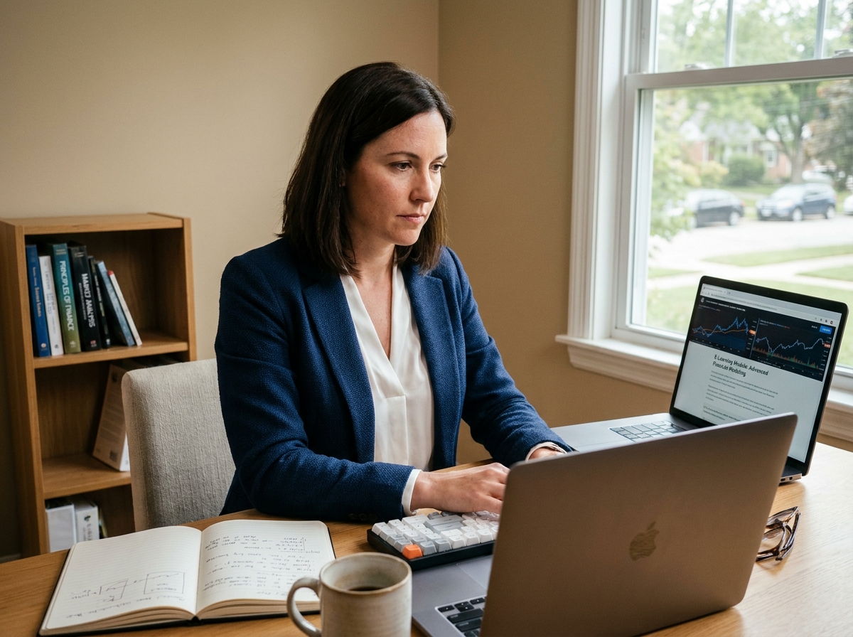 Femme en reconversion professionnelle suivant une formation en ligne pour devenir gestionnaire de patrimoine depuis son bureau à domicile