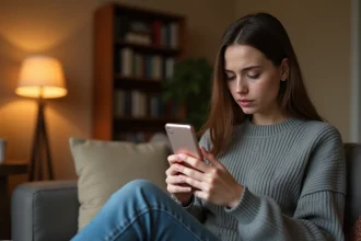 Jeune femme mélancolique regardant son téléphone et les stories sur les réseaux sociaux après une rupture