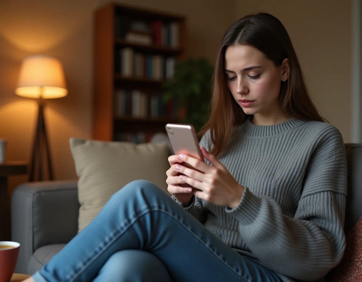 Jeune femme mélancolique regardant son téléphone et les stories sur les réseaux sociaux après une rupture