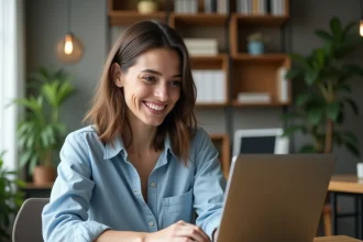 Femme consultant un site de réservation d'activités en ligne sur un ordinateur portable depuis son bureau à domicile