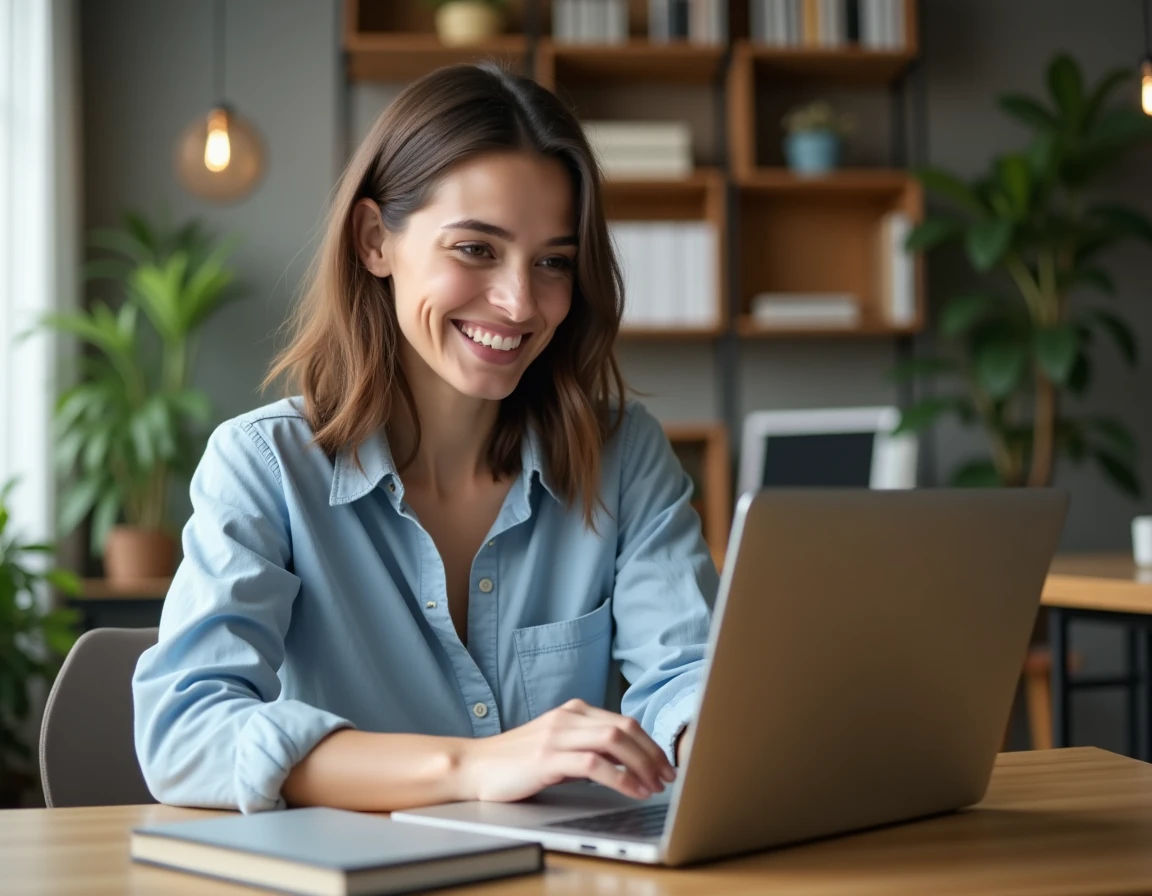 Femme consultant un site de réservation d'activités en ligne sur un ordinateur portable depuis son bureau à domicile