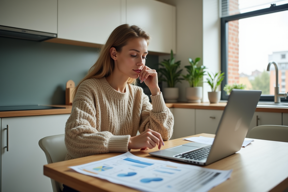 Jeune femme examine un rapport énergie dans sa cuisine lumineuse