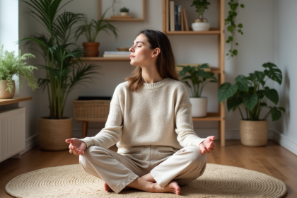 Femme calme en intérieur avec plantes et décor scandinave