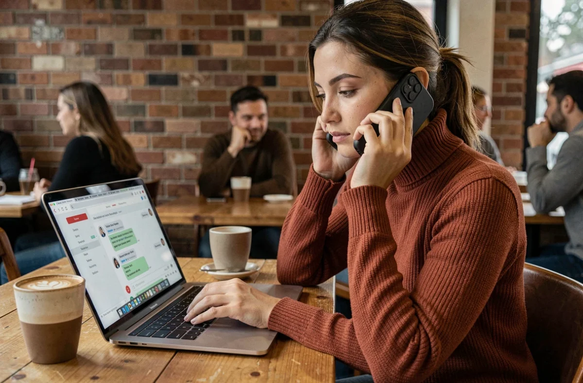 Jeune femme gérant un problème de service client en simultané au téléphone et sur ordinateur dans un café