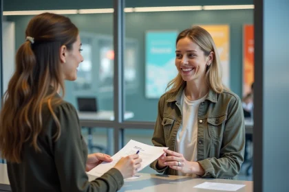 Femme souriante remettant documents à un agent municipal