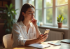 Femme tenant son smartphone avec l application Vinted