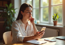 Femme tenant son smartphone avec l application Vinted