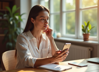 Les étapes à suivre pour se déconnecter de Vinted Femme tenant son smartphone avec l application Vinted