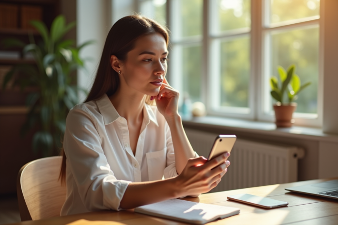 Femme tenant son smartphone avec l application Vinted