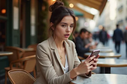 Jeune femme élégante regardant son téléphone avec surprise en terrasse de café parisien