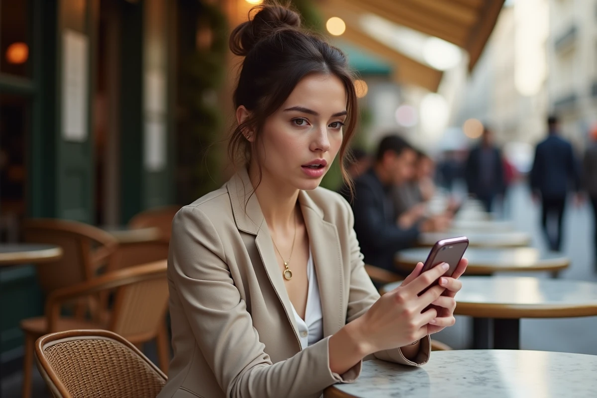 Jeune femme élégante regardant son téléphone avec surprise en terrasse de café parisien