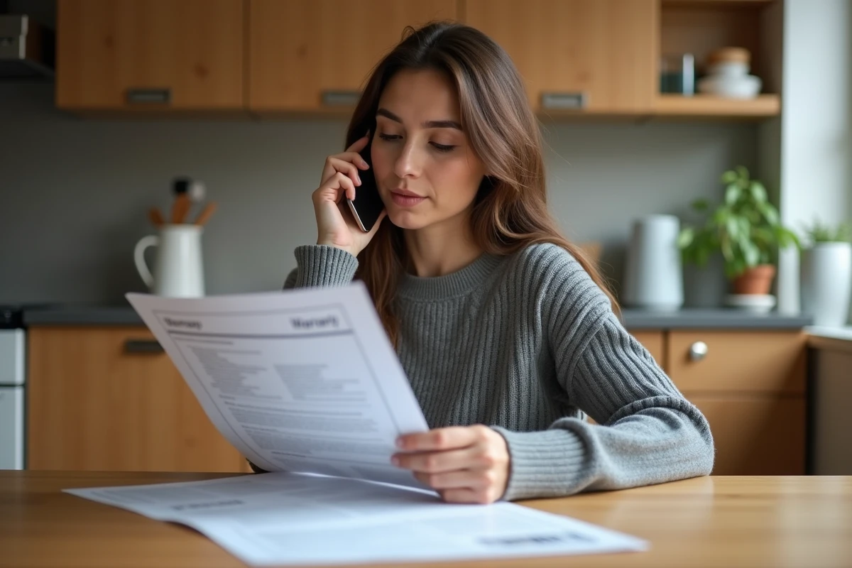 Femme au téléphone consultant un document de garantie Darty dans une cuisine moderne
