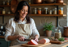 Comment préparer une recette de foie gras authentique et succulente : astuces et conseils Femme tranchant du foie gras dans une cuisine rustique