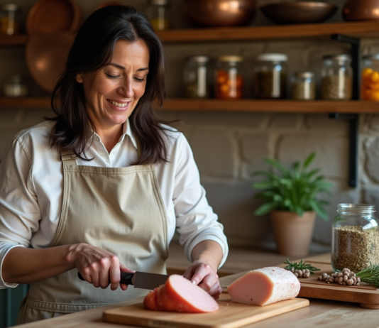 Comment préparer une recette de foie gras authentique et succulente : astuces et conseils Femme tranchant du foie gras dans une cuisine rustique