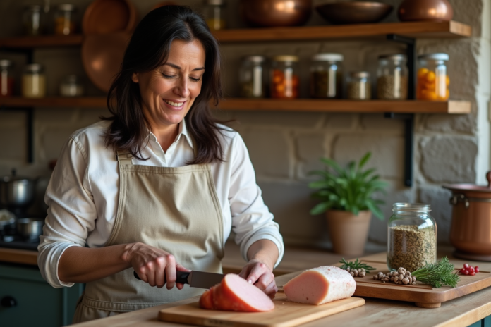 Femme tranchant du foie gras dans une cuisine rustique