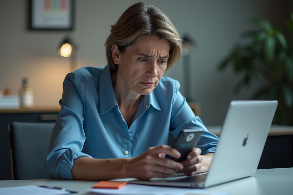 Femme au bureau regardant son smartphone avec souci