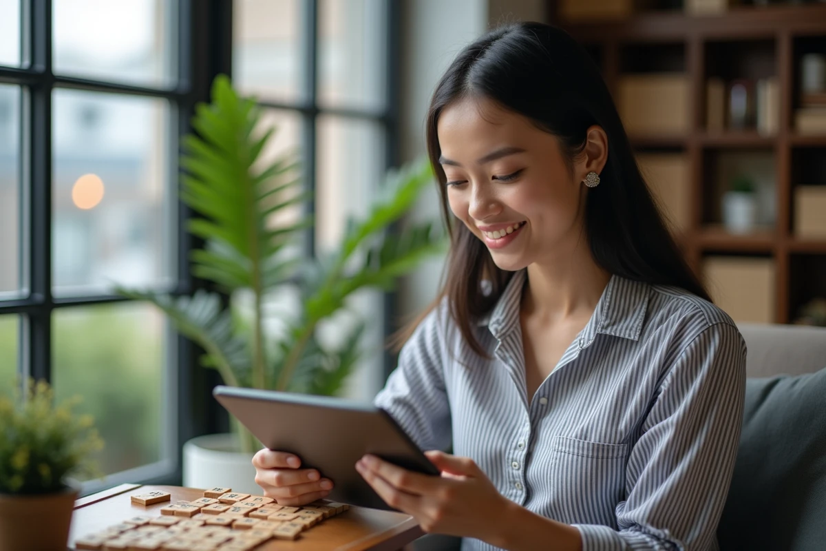 Jeune femme souriante cherchant astuces Scrabble sur tablette