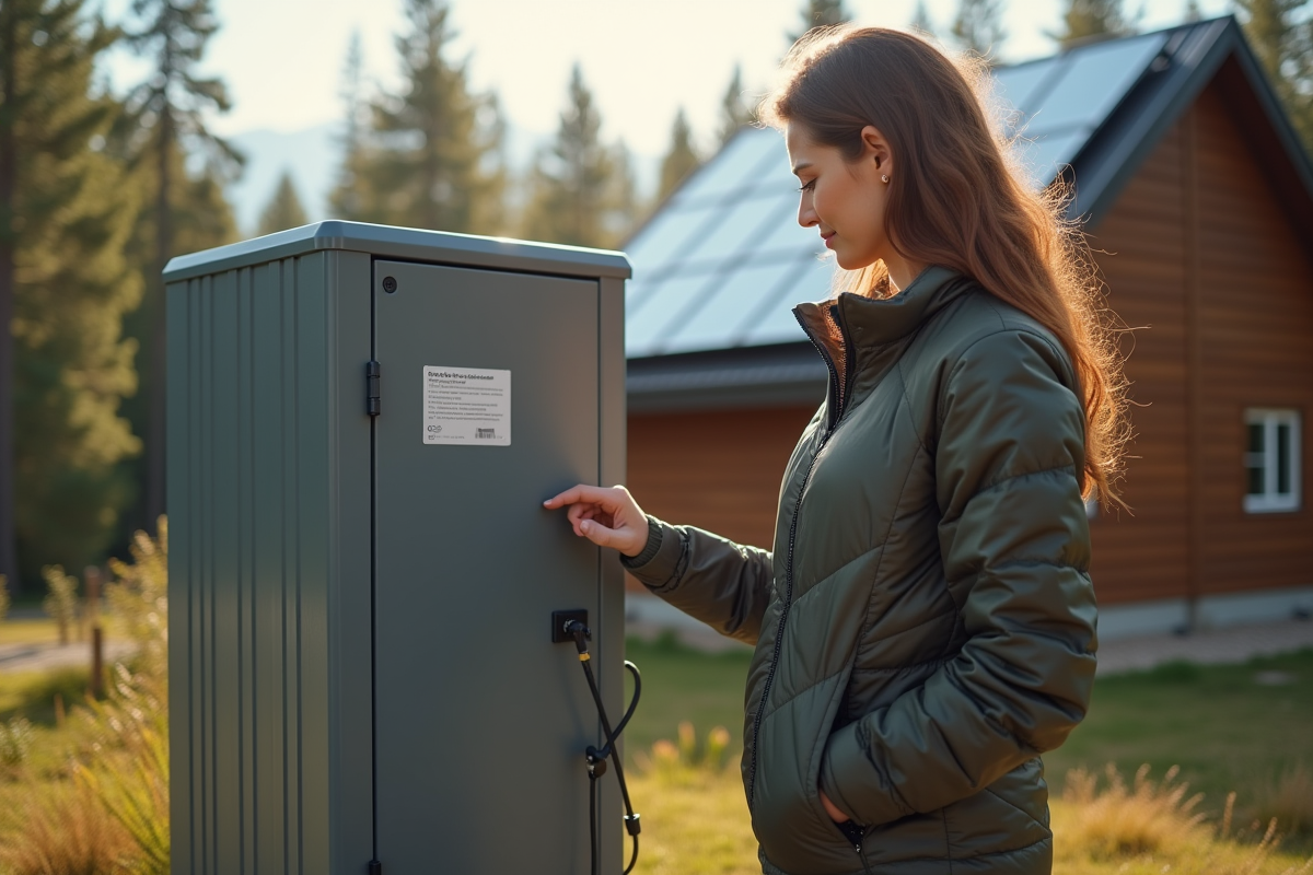 Jeune femme examine une batterie solaire près d
