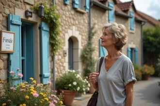 Femme française contemplant une maison à vendre dans un village