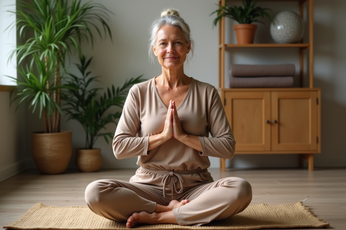 femme-yoga-serenite-maison Femme méditant en yoga dans un studio calme et naturel