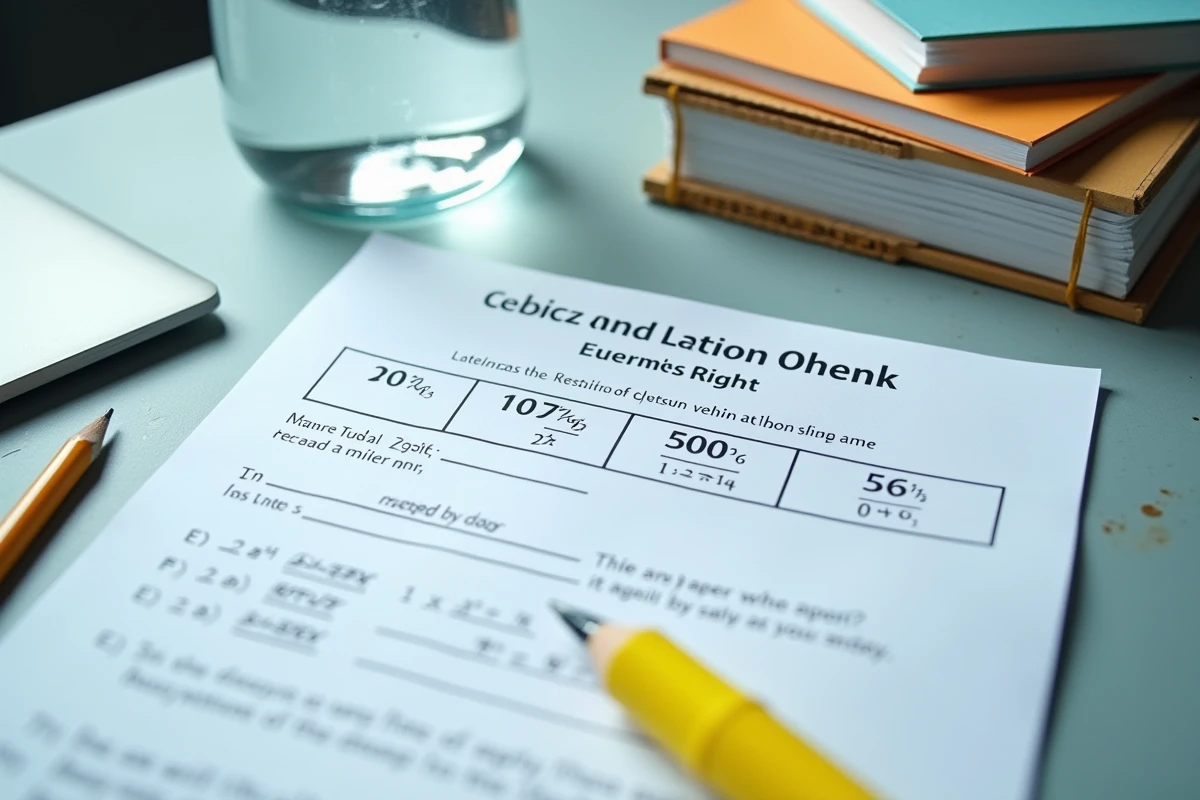 Vue de dessus d'un bureau scolaire avec une fiche d'exercices sur la conversion mètre cube en litre, un surligneur jaune et une bouteille d'eau transparente