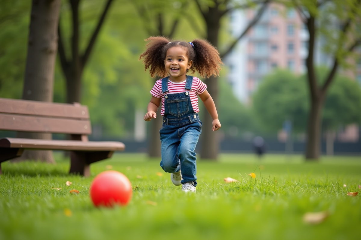 Jeune fille courant dans un parc urbain avec un ballon rouge