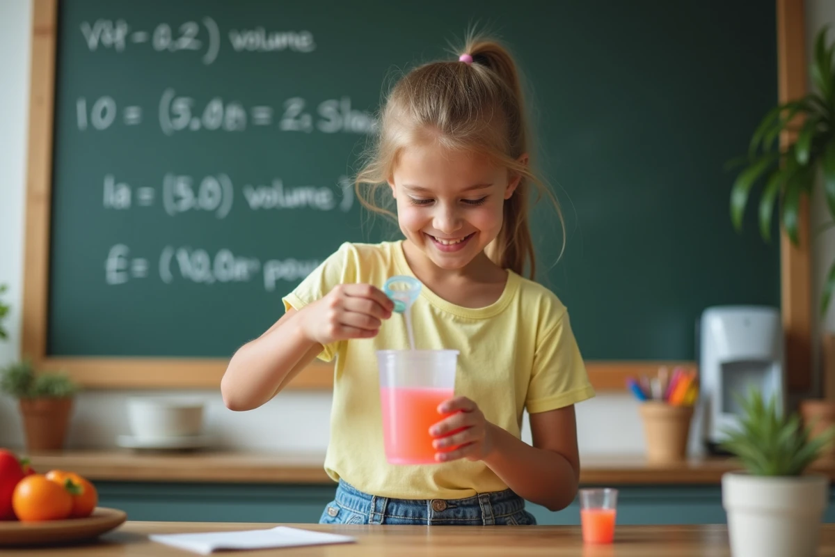 Jeune fille souriante remplissant un récipient d'eau colorée