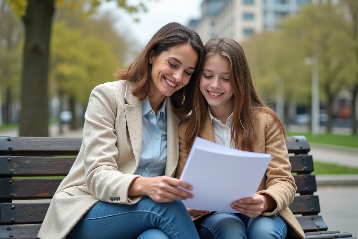 Fille et mère assises sur un banc de parc en ville
