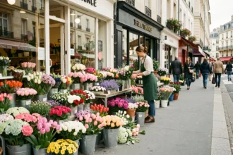 Une rue de fleuristes dans les Hauts-de-Seine avec des bouquets colorés exposés devant les boutiques