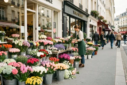 Une rue de fleuristes dans les Hauts-de-Seine avec des bouquets colorés exposés devant les boutiques