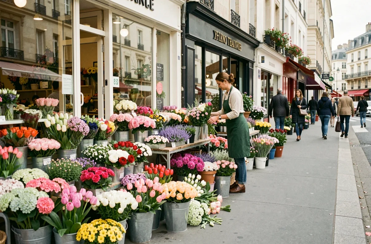 Une rue de fleuristes dans les Hauts-de-Seine avec des bouquets colorés exposés devant les boutiques