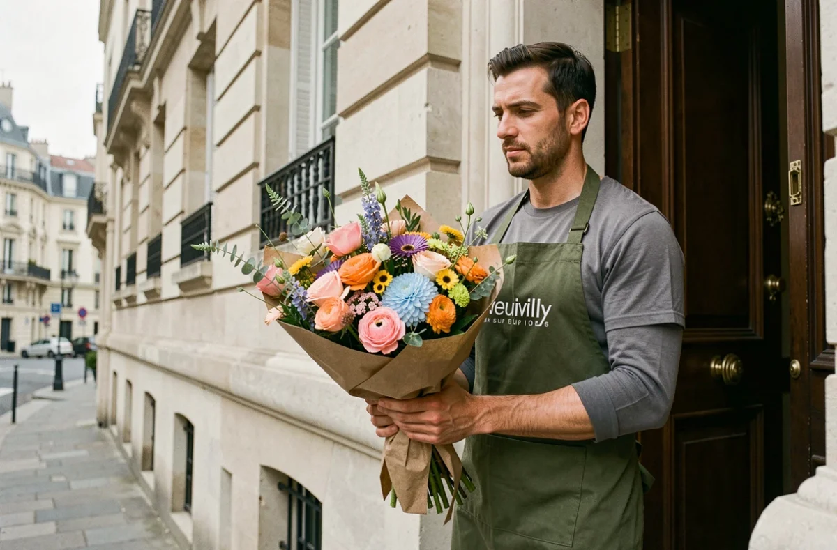 Livraison artisanale de fleurs devant un immeuble haussmannien à Neuilly-sur-Seine