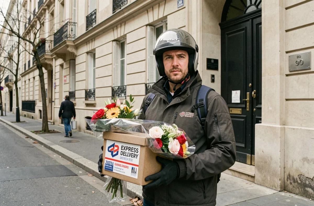 Livreur express Florajet à moto avec une boîte de fleurs devant un immeuble de banlieue parisienne
