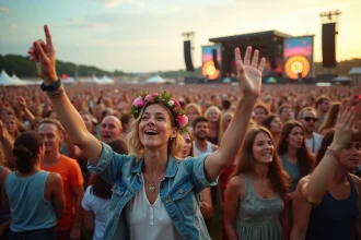 Foule enthousiaste au festival des Vieilles Charrues lors d'un concert en plein air à Carhaix, ambiance estivale