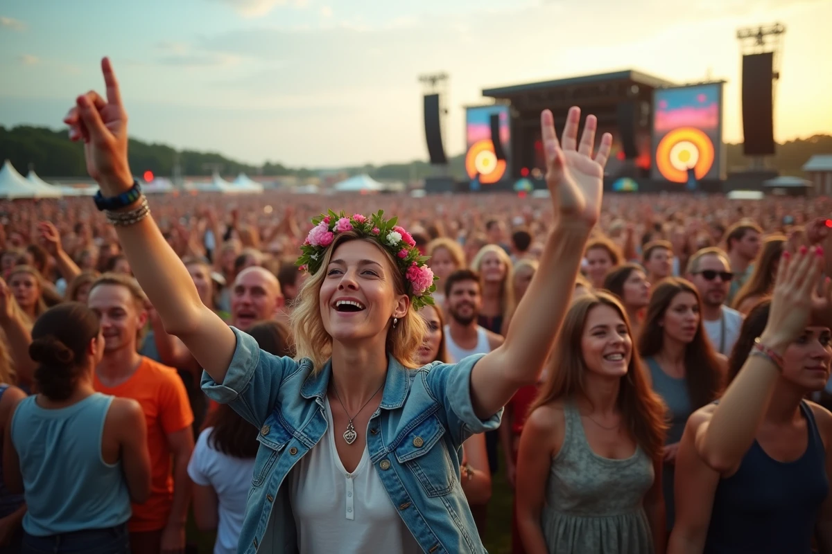 Foule enthousiaste au festival des Vieilles Charrues lors d'un concert en plein air à Carhaix, ambiance estivale
