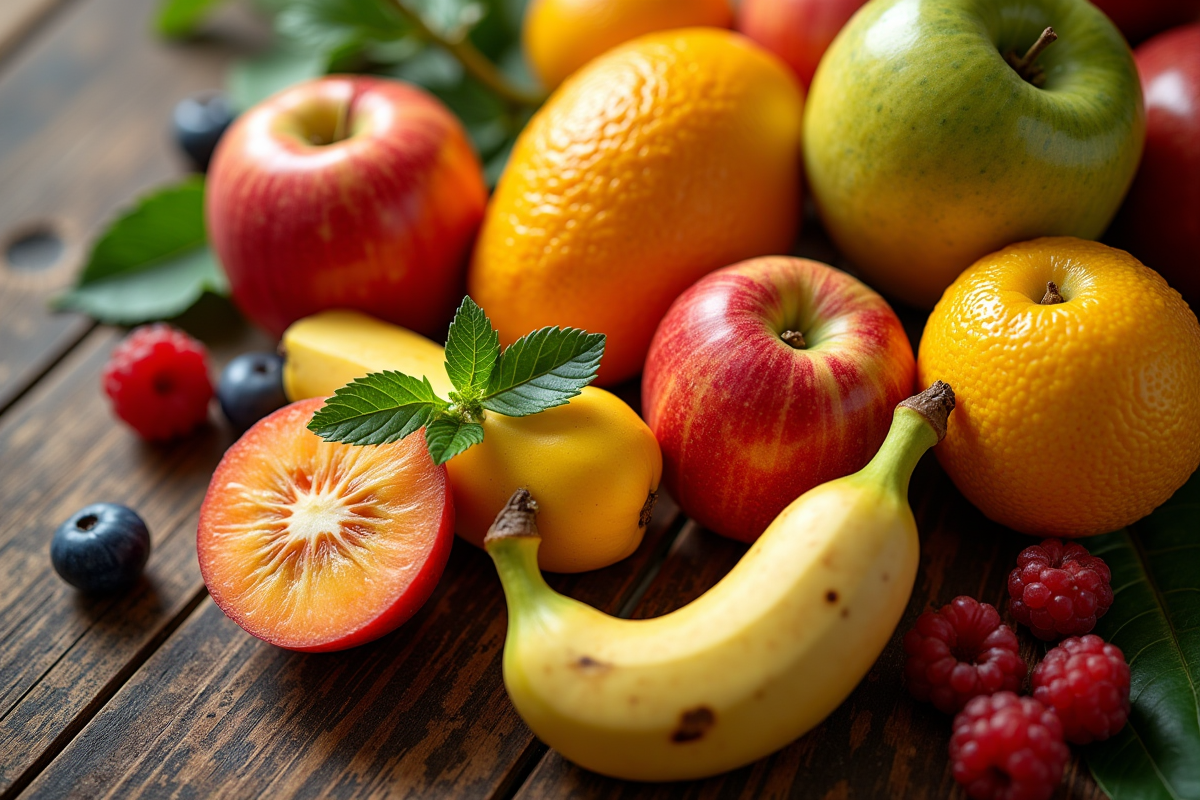 Gros plan de fruits L frais sur surface en bois naturel