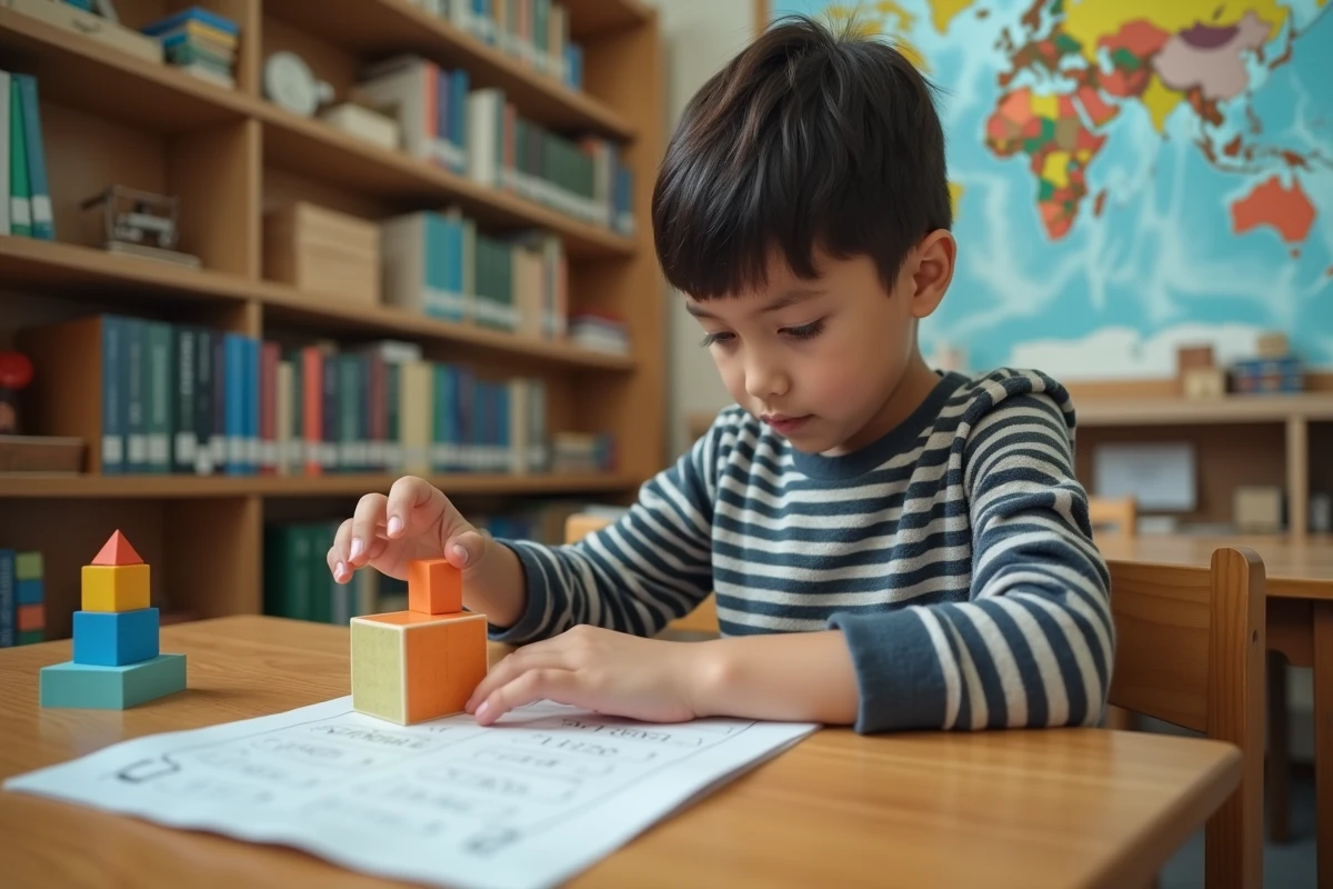 Garçon concentré construisant un cube avec des blocs de volume