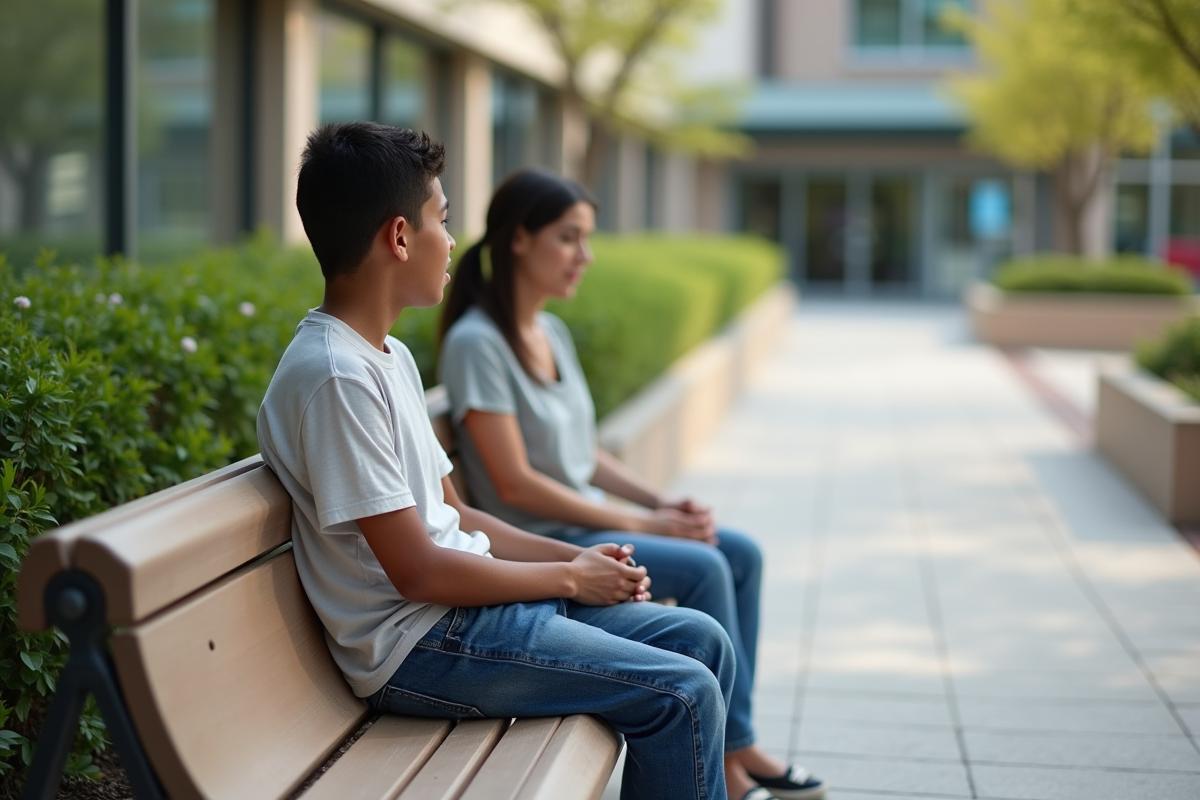 Garçon et sa mère discutant sur un banc d