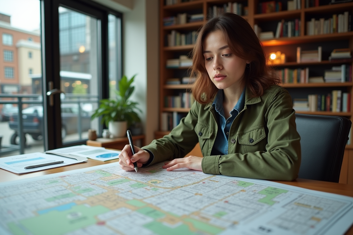 Jeune géographe analysant une carte en intérieur