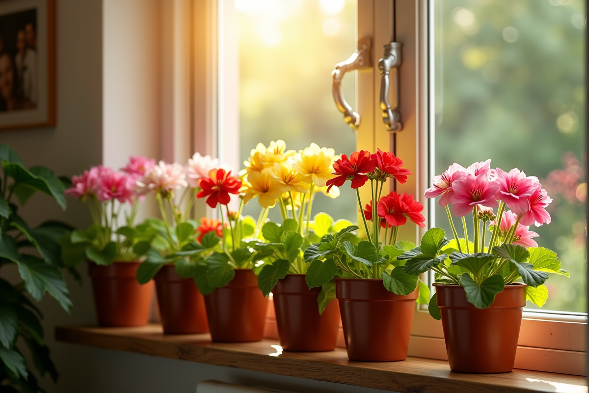 Fenêtre avec pots de geraniums en train de s