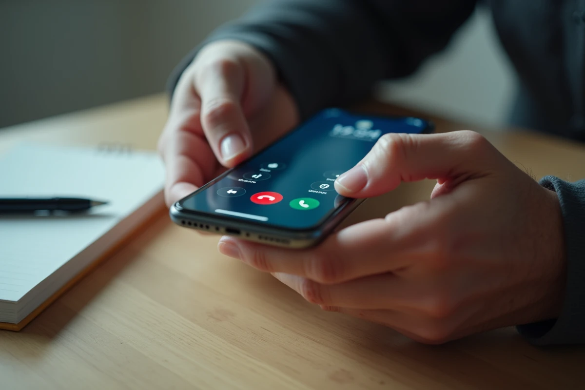 Gros plan de mains tenant un smartphone affichant un numéro anonyme sur une table en bois avec un bloc-notes à côté