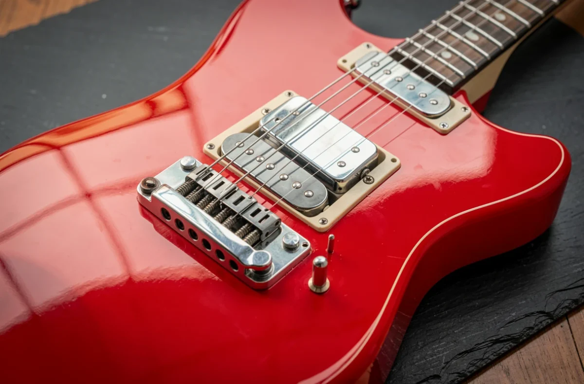Gros plan sur la configuration micros HSS Samarium Cobalt Noiseless d'une Stratocaster rouge Candy Apple