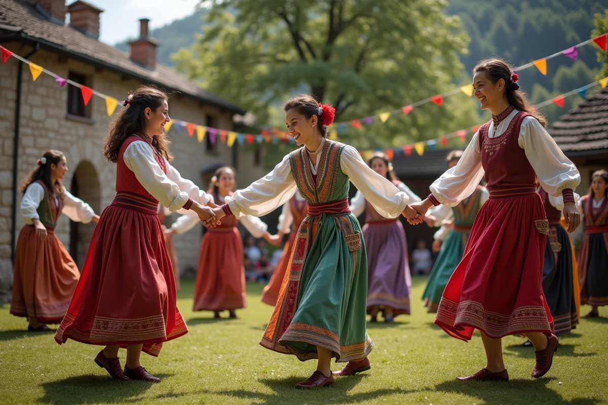 Groupe de danseurs traditionnels lors d une fête villageoise en plein air