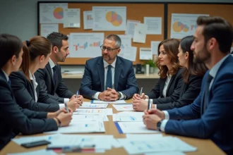 Groupe de professionnels en réunion dans une salle moderne