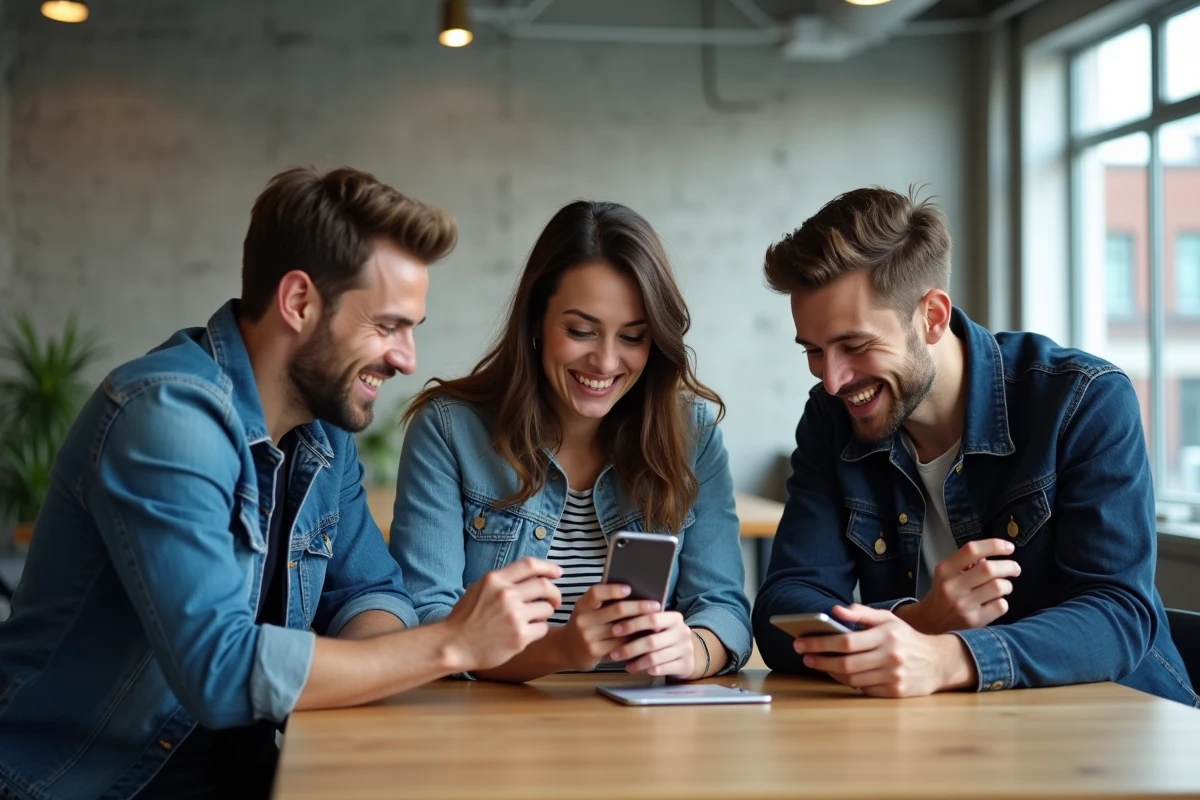 Groupe de jeunes adultes partageant des discussions communautaires en ligne sur leurs appareils dans un espace de coworking moderne