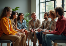 Groupe de personnes discutant dans un studio moderne inspiré de personnages TV nommés C