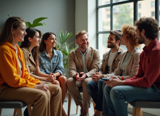 Groupe de personnes discutant dans un studio moderne inspiré de personnages TV nommés C