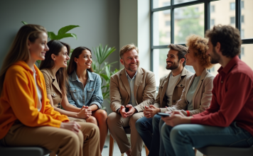 Personnages en C : les protagonistes de séries TV qui ont marqué notre époque Groupe de personnes discutant dans un studio moderne inspiré de personnages TV nommés C