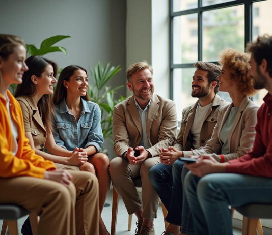 Groupe de personnes discutant dans un studio moderne inspiré de personnages TV nommés C
