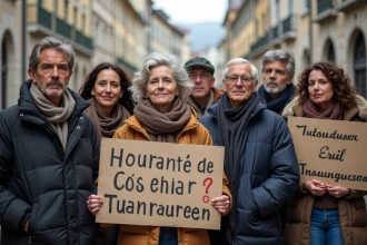 Groupe divers d'adultes dans une place européenne avec pancartes